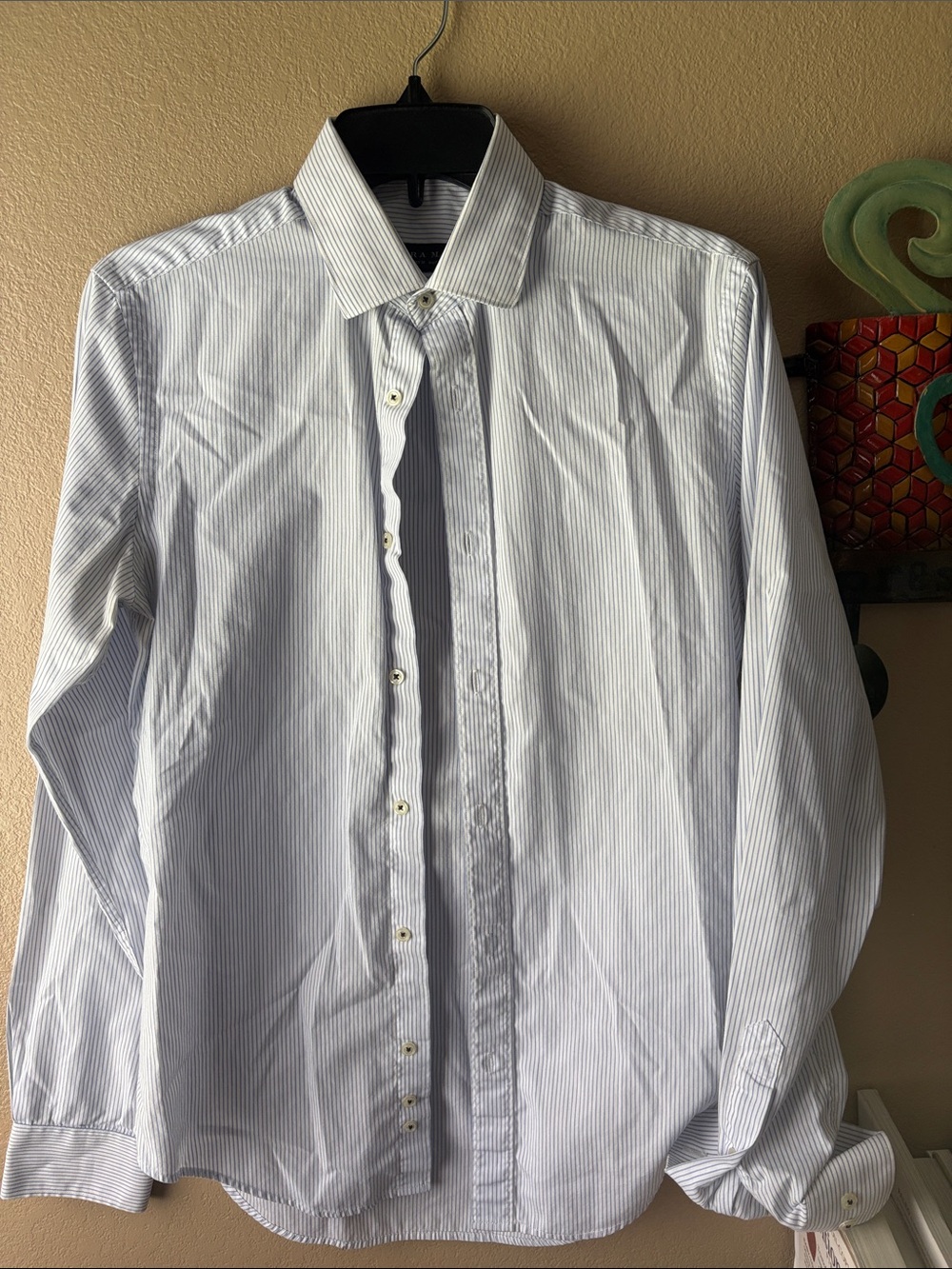 Zara Men's White and Light Blue Pinstripe Dress Shirt